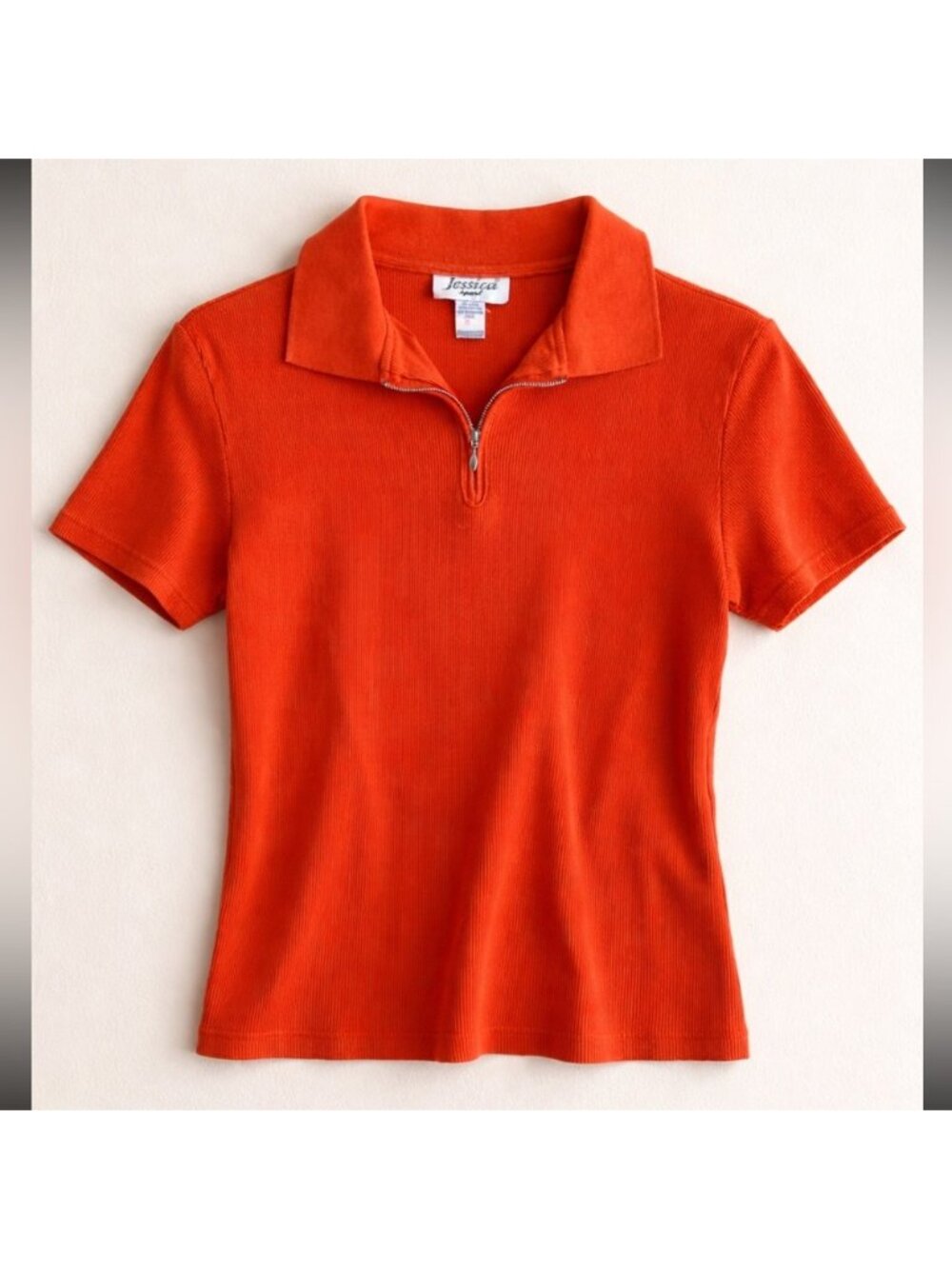 Y2K Jessica Sport Ribbed Zip Polo Top Woman Small Orange Collared Tee Streetwear